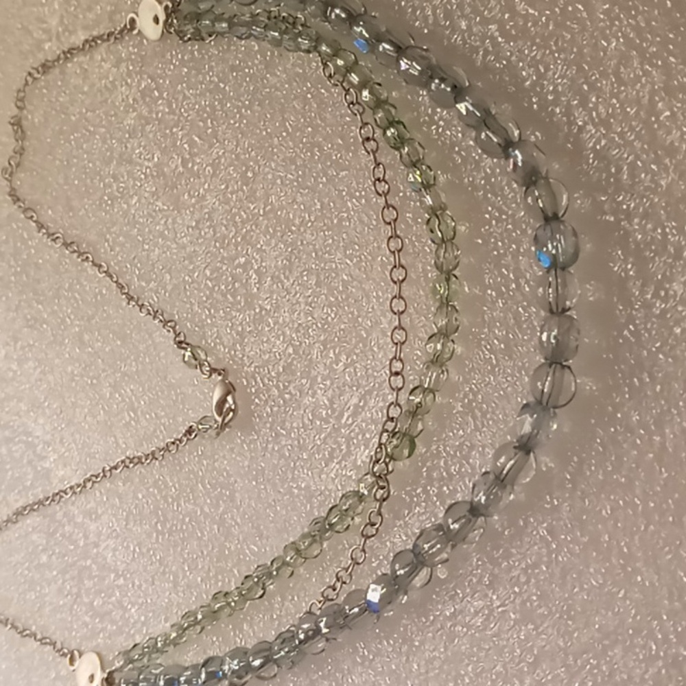 Opalescent blue & green layered glass beaded silver chain necklace 20 inch Long